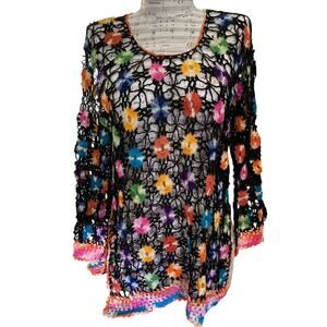 Black Crochet Multicolor Flower Tunic Swim Cover Top Small